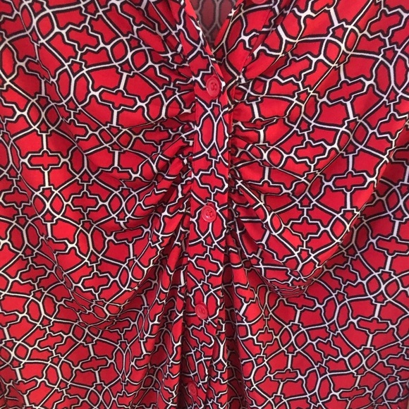 Laundry Shelly Segal Top S 3/4 Sleeve Ruched Button Down Bold Red Pattern - Picture 3 of 6